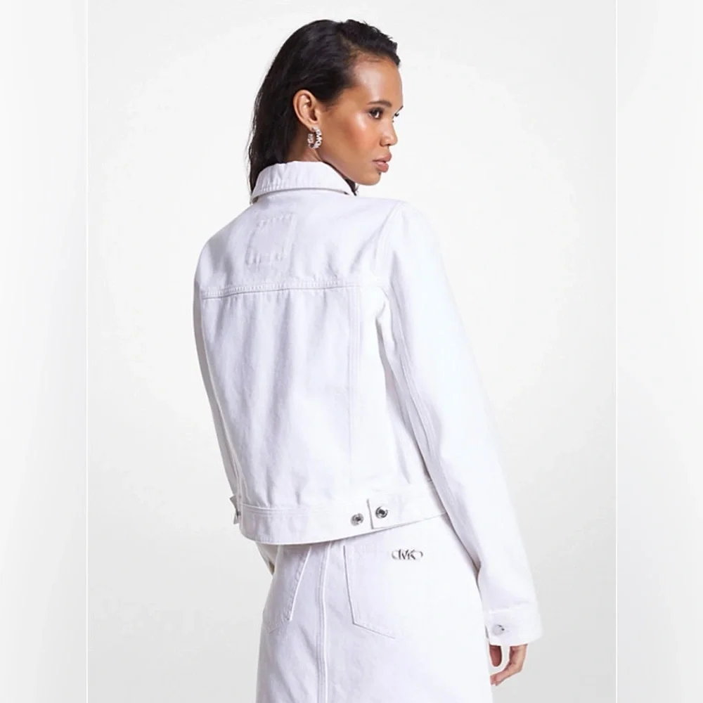 Michael Kors White Denim Utility Jacket Cropped Button Front 6